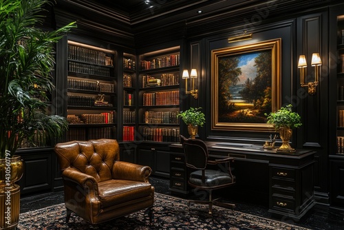 Luxurious study with dark wood paneling, bookshelves, and leather armchair