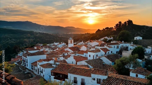 Breathtaking sunrise illuminates small Spanish town of Jaliba in time lapse, Small Spanish town Jaliba at sunrise time lapse vertical