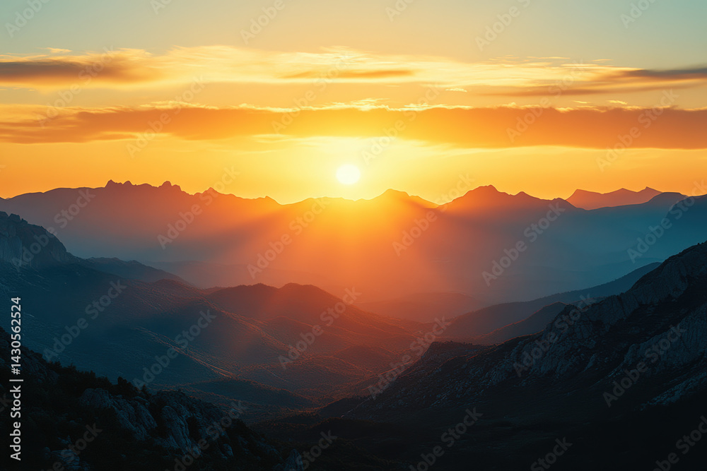 Fototapeta premium Sunset Over Mountain Range. A stunning sunset illuminates the mountains, casting a warm glow on the valley below. The sun's rays burst through the clouds, creating a majestic vista.