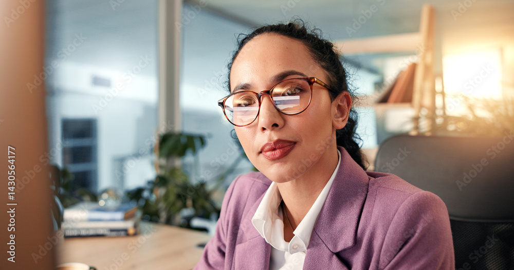 Computer, glasses and information with business woman at desk for investment or portfolio management. Agenda, finance and reading with broker in workplace for stock market strategy or trading