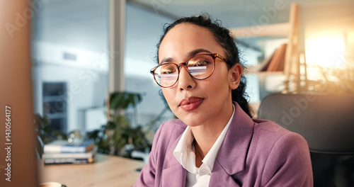 Obraz na płótnie Computer, glasses and information with business woman at desk for investment or portfolio management. Agenda, finance and reading with broker in workplace for stock market strategy or trading w salonie