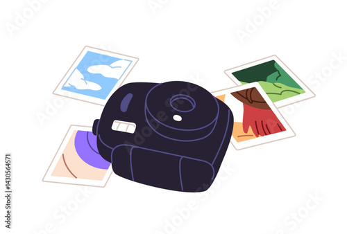 Digital camera of instant photography with cards for memory. Photocamera with photos, photographs. Device for snapshots, remembrance pictures. Flat isolated vector illustration on white background