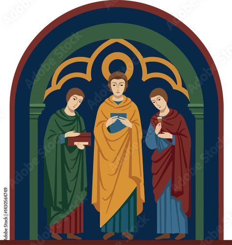 Three Saints in Medieval Style Arch with Colorful Robes Religious Vector Illustration 