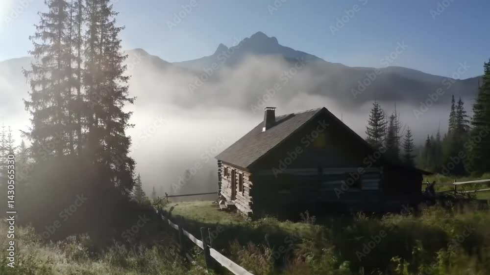 Morning mist envelops tranquil cabin in beautiful mountain landscape Morning mist envelops tranquil cabin in beautiful mountain landscape