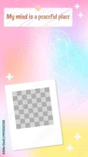 Vertical pastel template with motivational quote My mind is a peaceful place, female outline and Polaroid frame. Soft gradients, calm mood and copy space. Stock vector illustration in flat style.