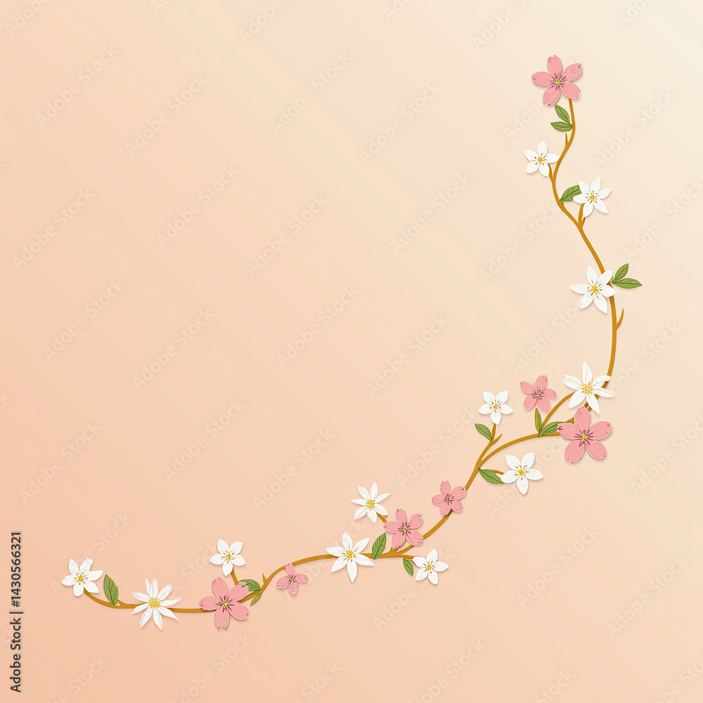 Fototapeta premium Soft cherry blossom branches with pale pink petals and fresh green hints, scattered gently over a warm peach-toned gradient backdrop 