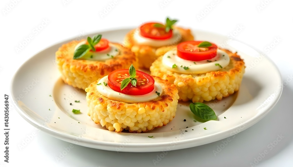 Rice cakes with cream cheese, tomato and mozzarella. isolated on white background Rice cakes with cream cheese, tomato and mozzarella. isolated on white background
