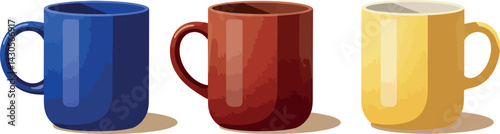 Colorful ceramic coffee mugs in blue red and yellow vector illustration set 