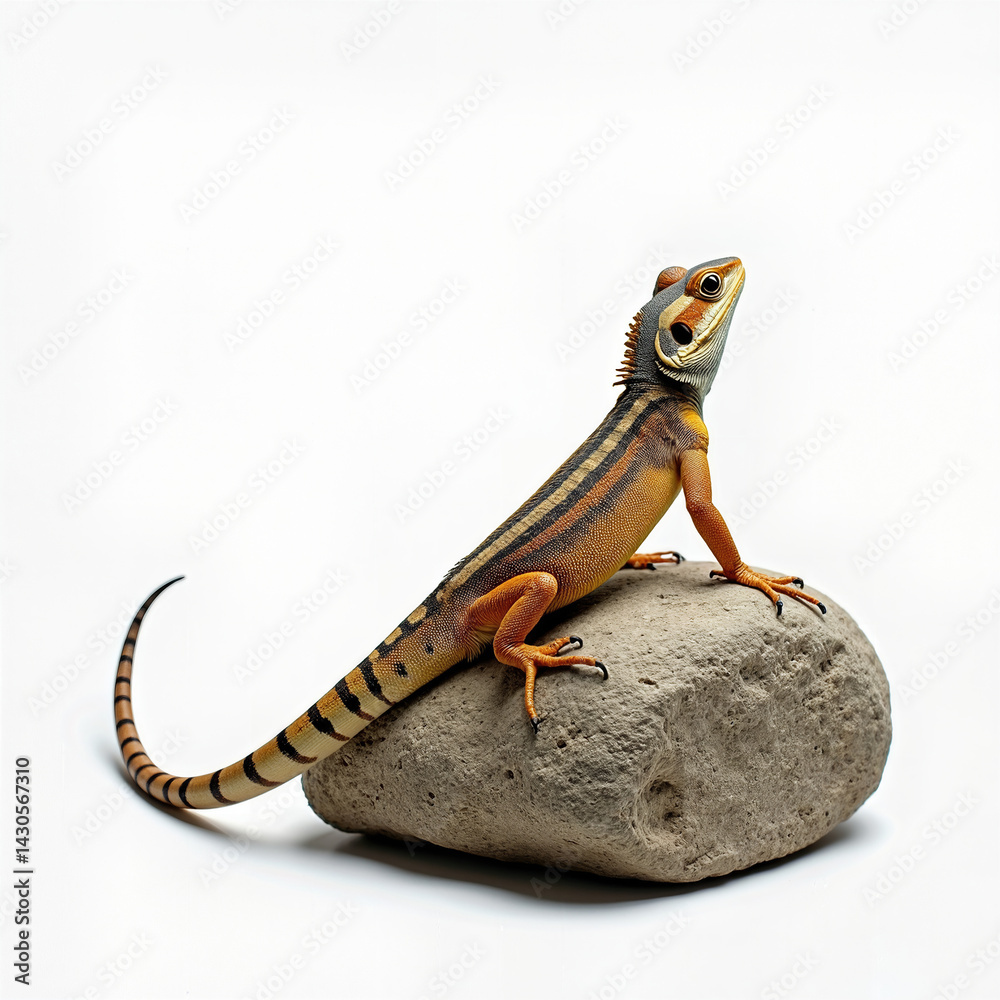 Obraz premium Isolated lizard rear pose with upper body resting on a rock, photographed against a white background with margin space for design flexibility 