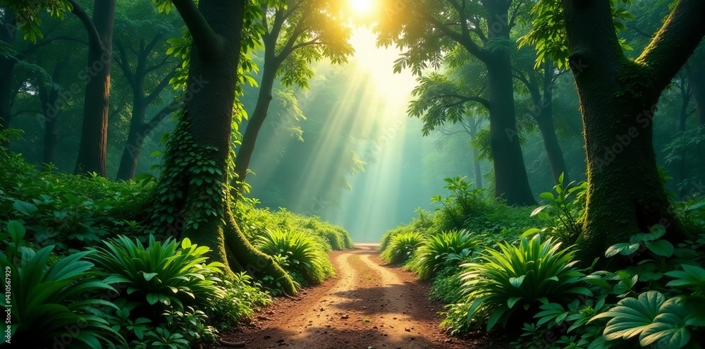 Fototapeta premium Sunlit path in dense rainforest with vibrant greenery and tall trees, woodland, botanical, foliage