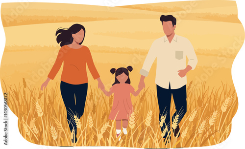 Family walking in golden wheat field holding hands outdoors natural lifestyle scene 