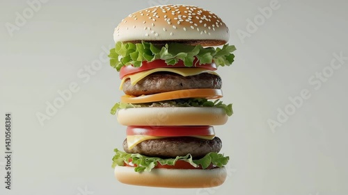 Delicious double cheeseburger with fresh lettuce, tomato, and sesame seed bun, floating in mid-air with dynamic food elements. Perfect for food advertising, fast food promotions, and restaurant menus.