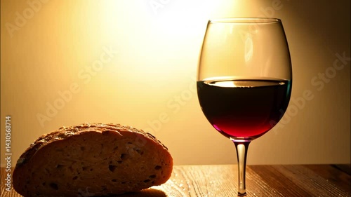 Horizontal video, a glass of red wine standing on a table next to a loaf of bread