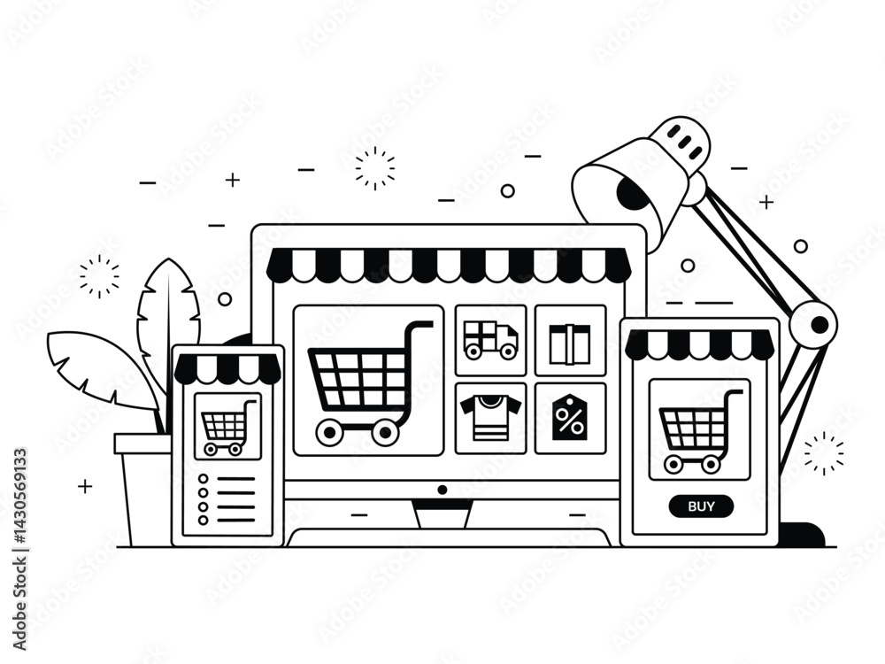 Online Shopping Illustration in Line Art