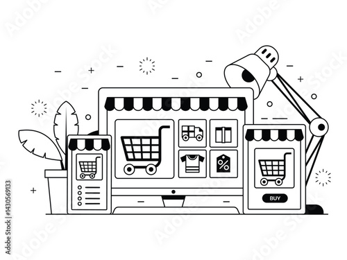Obraz na płótnie Online Shopping Illustration in Line Art w salonie