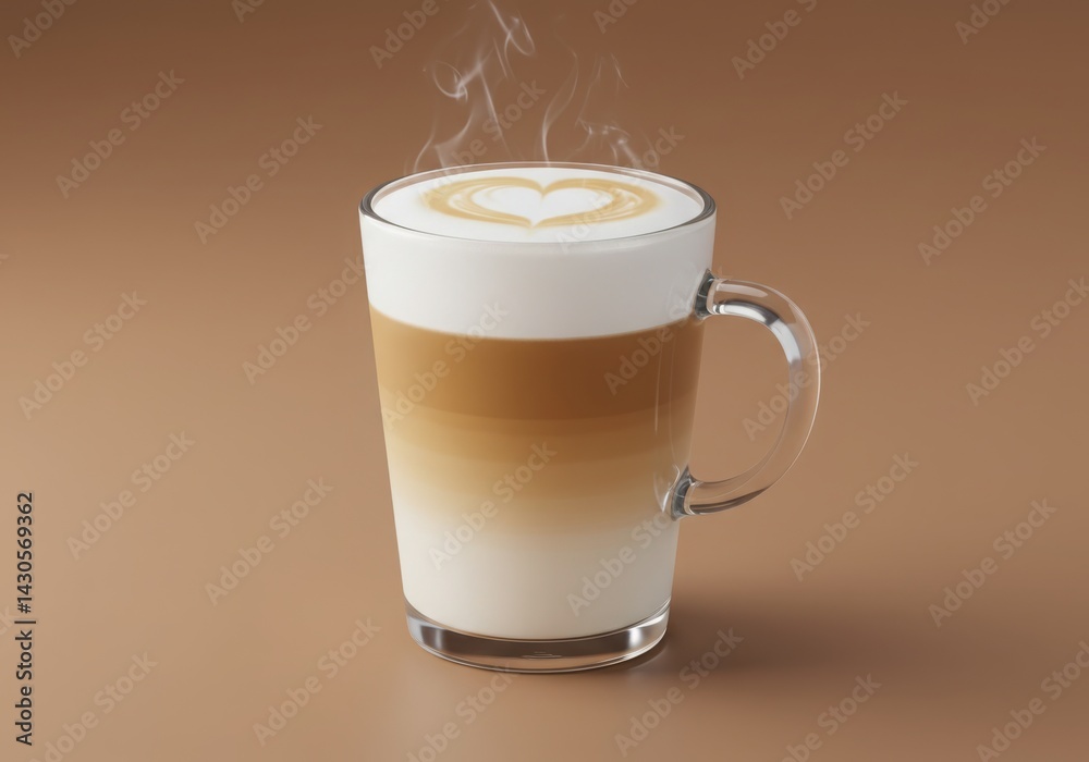 Steaming latte with heart design in a glass mug on brown surface Steaming latte with heart design in a glass mug on brown surface