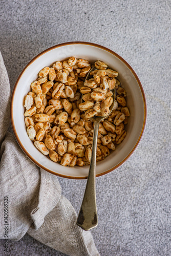 Bowl of whole grain cereals captured from above