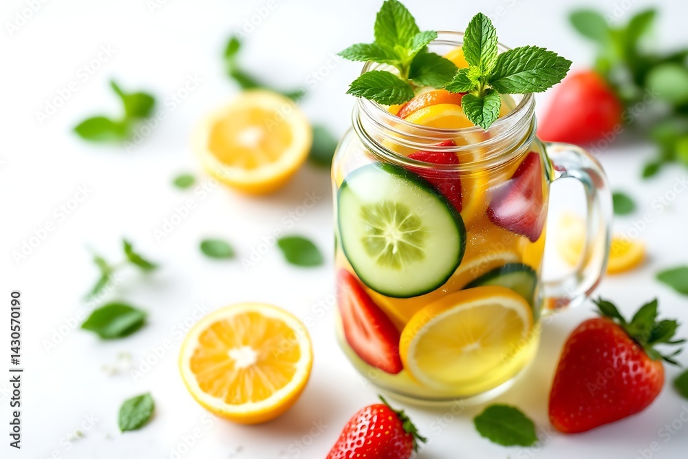 Citrus Cucumber Strawberry Infusion in Jar with Mint Leaves, Fresh Summer Ingredients Citrus Cucumber Strawberry Infusion in Jar with Mint Leaves, Fresh Summer Ingredients