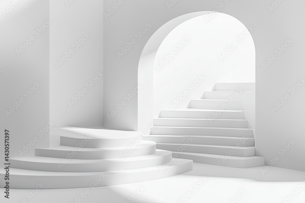 Obraz premium Minimalist white interior with archway and steps
