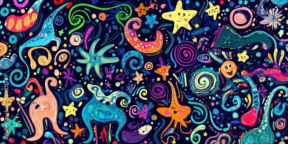 A colorful, childlike doodle art background with swirling lines, stars, and whimsical creatures A colorful, childlike doodle art background with swirling lines, stars, and whimsical creatures
