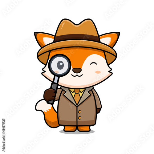 Cute Fox Detective Holding Magnifying Glass Mascot Character Icon Illustration. Flat Cartoon Style Suitable for Web Landing Page, Banner, Sticker, Card