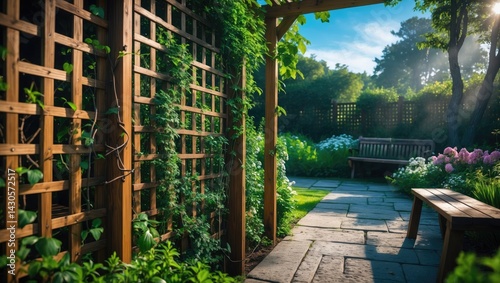 Beautiful trellis fence with climbing green plant and wooden lattice decor
