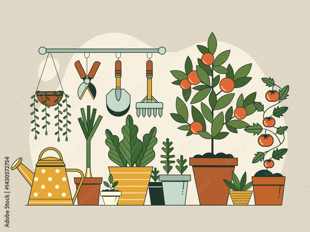 Gardening Scene with Plants and Gardening Tools