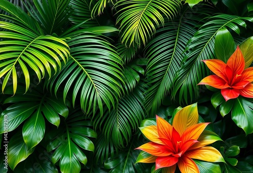 Vibrant tropical palm & monstera leaves, lush green foliage background, wallpaper, vector