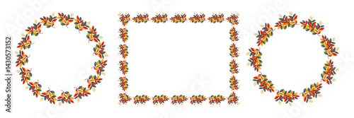 Set of autumn leaves frames, round and square shapes, colorful foliage, vector illustration isolated on white background.