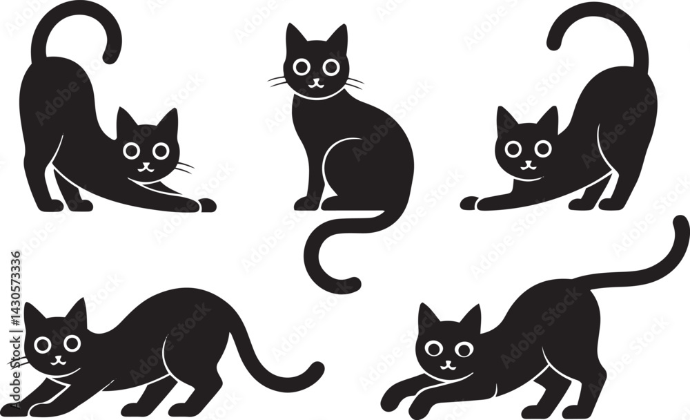 Set of black cat silhouettes in various poses including sitting, stretching, and playing isolated on a white background illustration