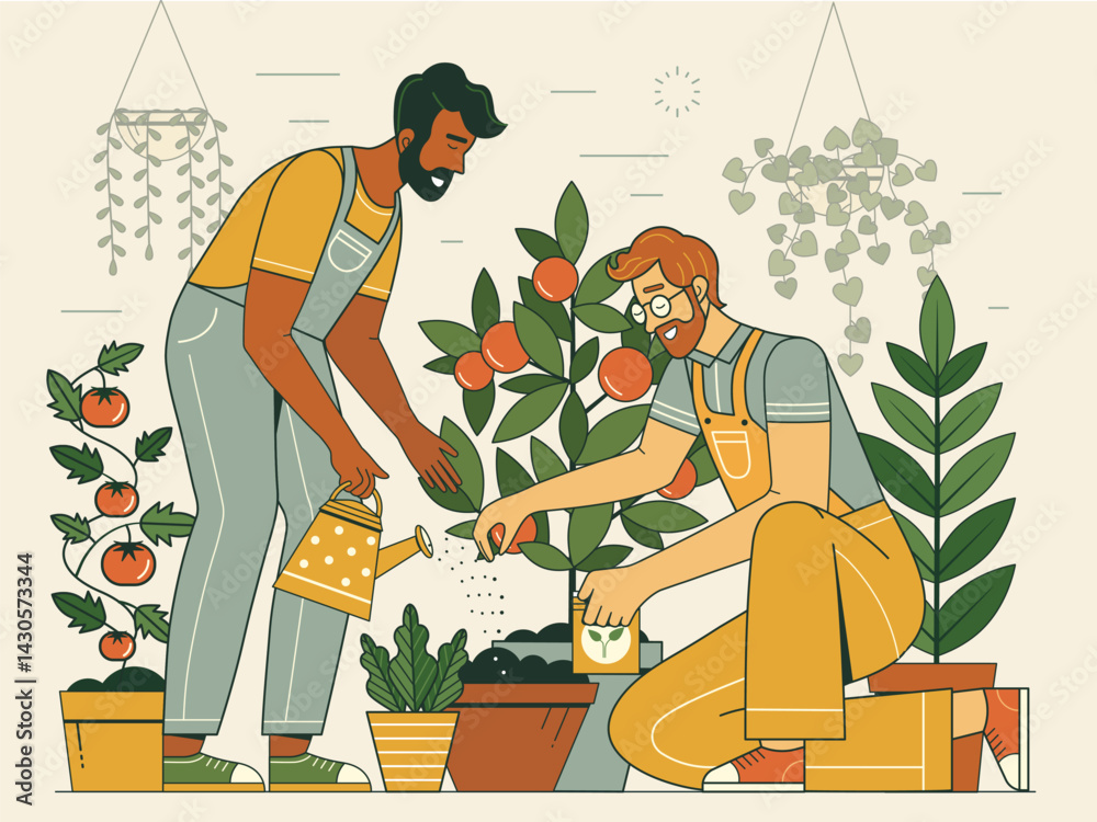 Male Friends Planting and Watering Plants