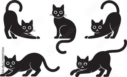 Set of black cat silhouettes in various poses including sitting, stretching, and playing isolated on a white background illustration