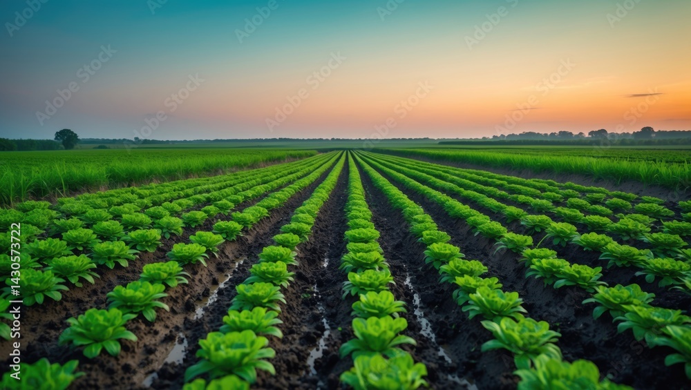 Obraz premium Cultivating young plants in outdoor garden rows during active growth season