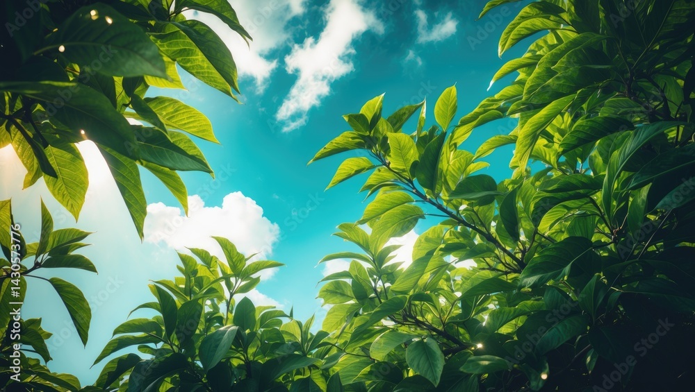 Obraz premium Jamaican cherry leaves against a vibrant blue sky background