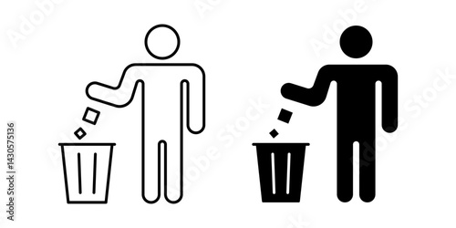 Vector isolated Man Throwing Rubbish icon set in black outline and fill