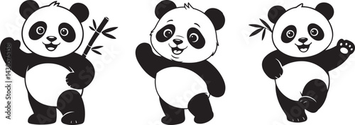Cute cartoon panda bears in various playful poses holding bamboo isolated on white background silhouette illustration