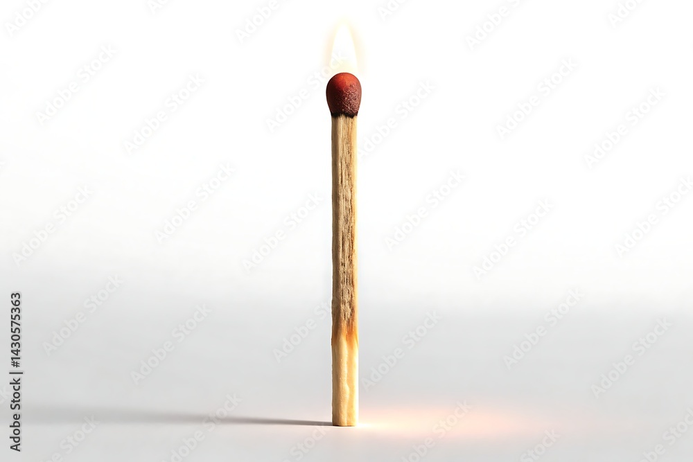 Burning Matchstick on White Background, Closeup Shot of Flame and Wooden Stick Burning Matchstick on White Background, Closeup Shot of Flame and Wooden Stick