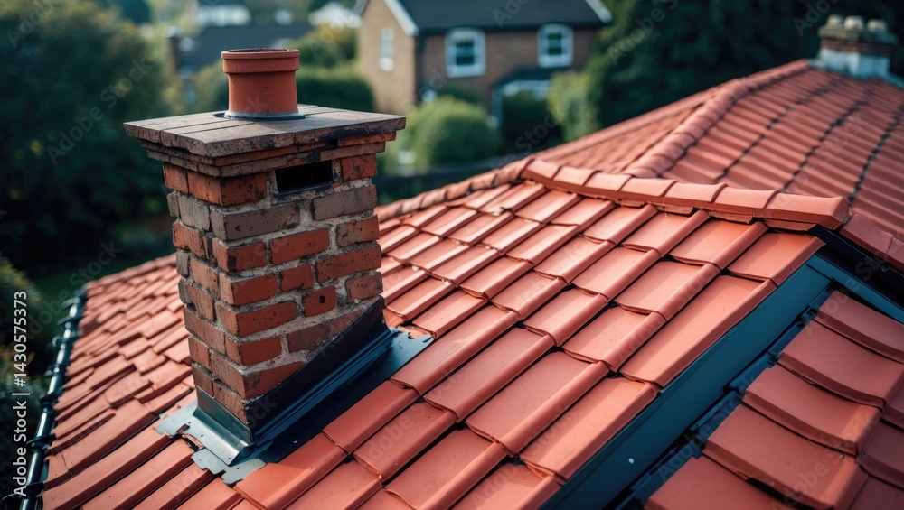 Naklejka premium Inspection from above of a residential building with newly laid red ceramic roofing tiles and flashing around the chimney for repair and renovation.