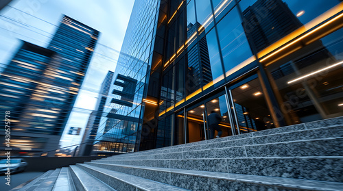 From below of entrance of office building next to contemporary high rise structures with glass mirrored walls against cloudless blue sky