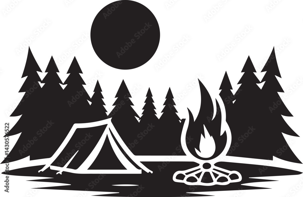 Obraz premium Camping logo with tent, campfire, forest, moon and stars, isolated vector illustration