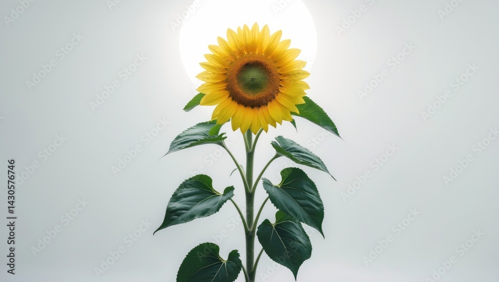 Fototapeta premium Green-leaved yellow flower on white backdrop with space for text