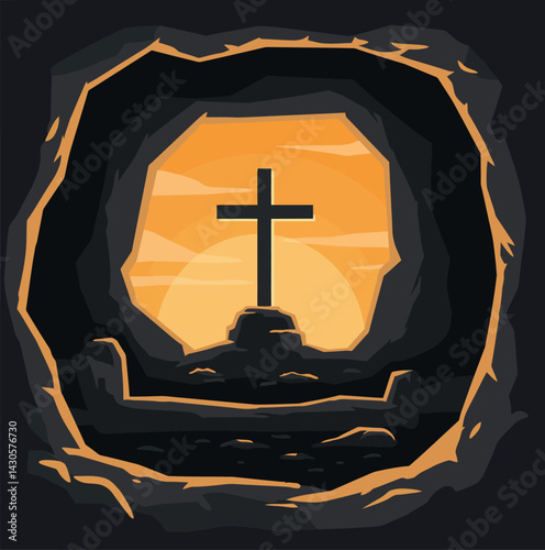 Cross silhouette inside cave entrance with glowing orange sunset vector illustration 