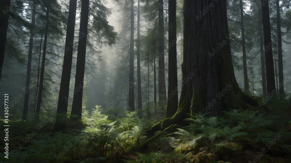 Obraz premium View of forest with tall coniferous trees on misty day