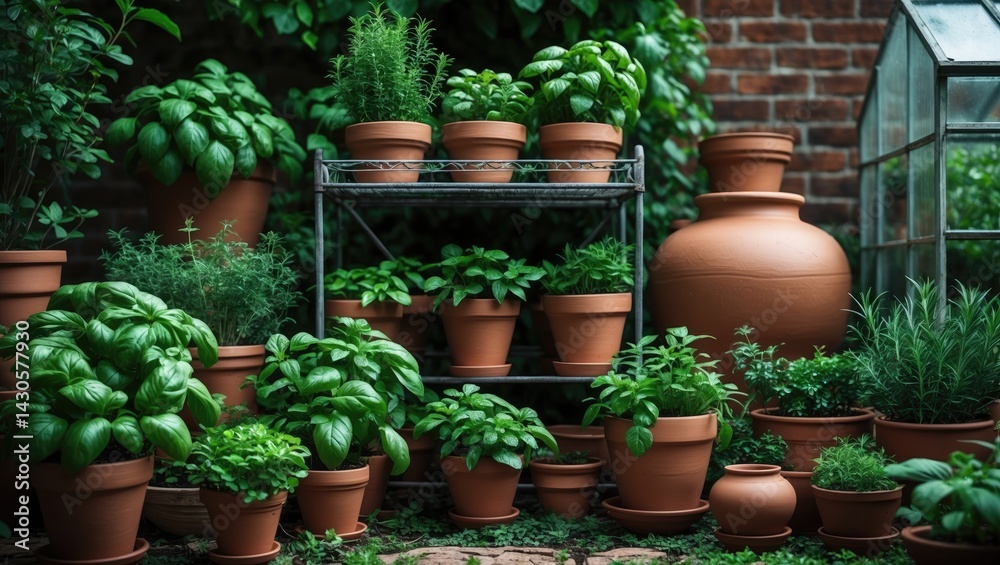 Herb Plants in Pots and Greenhouse in a Natural Herbal Garden Herb Plants in Pots and Greenhouse in a Natural Herbal Garden