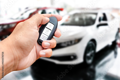 A hand holds a car key fob, with a white car blurred in the background. Car remote, vehicle access, keyless entry.