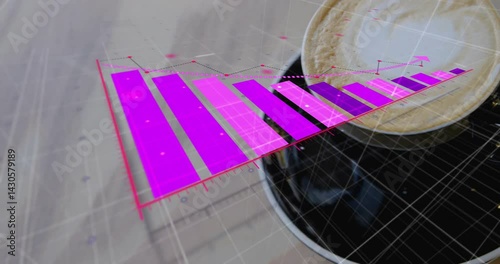 Holographic 3D bar chart projecting onto tabletop grid, showing descending neon bars with latte cup