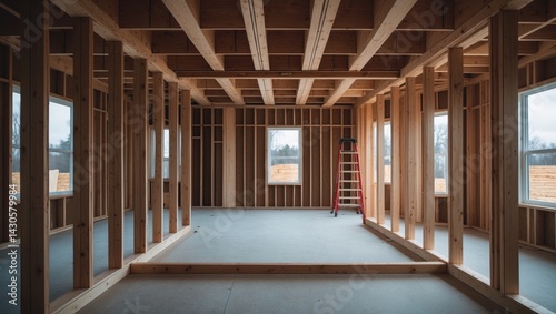 Construction phase of interior framing for a new residential building
