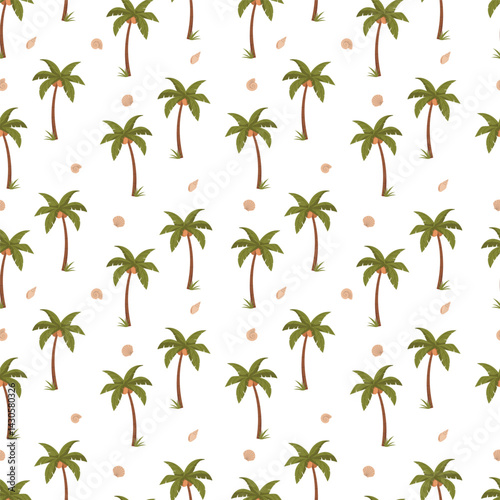Tropical palm with shells seamless pattern flat vector background. Design of natural beach palm leaves in minimalist style. Design for fabric, print, cover, banner, decoration, wallpaper. Holiday trip