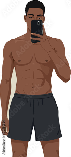 Shirtless man taking selfie with smartphone in black shorts vector illustration 