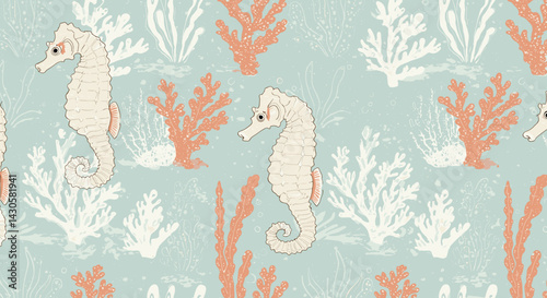 Seamless pattern with sea life. Seahorses, coral and seaweed on a light blue background.